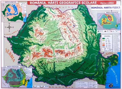 Romania. Harta fizica + Harta repartitiei oraselor
