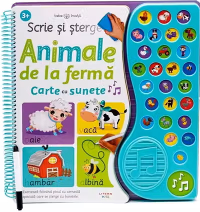 SCRIE SI STERGE. ANIMALE DE LA FERMA. Carte cu sunete