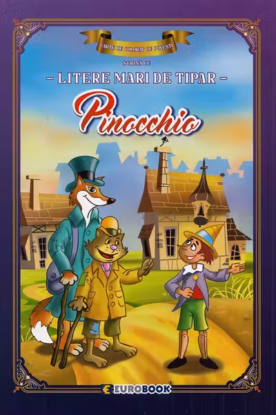 Pinocchio. Carte de colorat cu povești scrisă cu litere mari de tipar