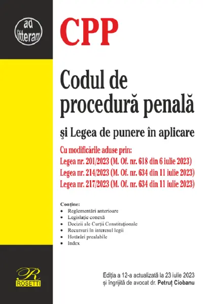 Codul de procedură penală și Legea de punere în aplicare Ed.12 Act 23 Iulie 2023