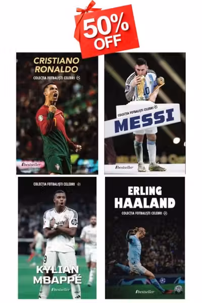 Set Top 4 Cărți Colecția Fotbaliști Celebri: Cristiano Ronaldo, Lionel Messi, Kylian Mbappe și Erling Haaland