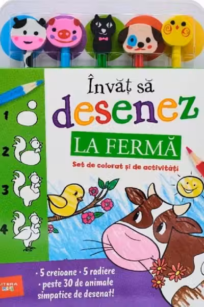 INVAT SA DESENEZ. LA FERMA. Set de desenat si de activitati (5 creioane si 5 radiere)
