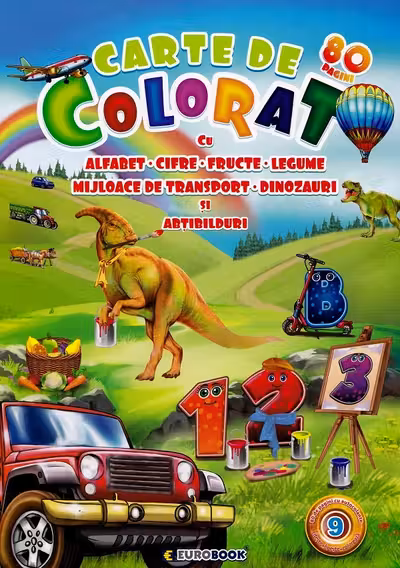 Carte de colorat 80 pagini: Alfabet, cifre, fructe, legume, mijloace de transport, dinozauri si abtibilduri