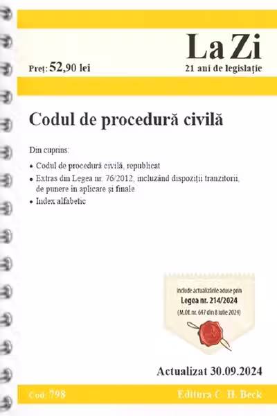 Codul de procedura civila Act. 30 Septembrie 2024 Ed. Spiralata