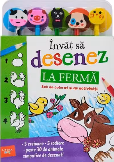 INVAT SA DESENEZ. LA FERMA. Set de desenat si de activitati (5 creioane si 5 radiere)