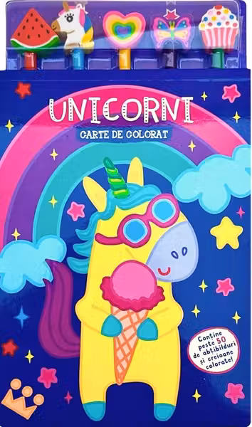 Unicorni - carte de colorat cu 5 creioane cu radiere