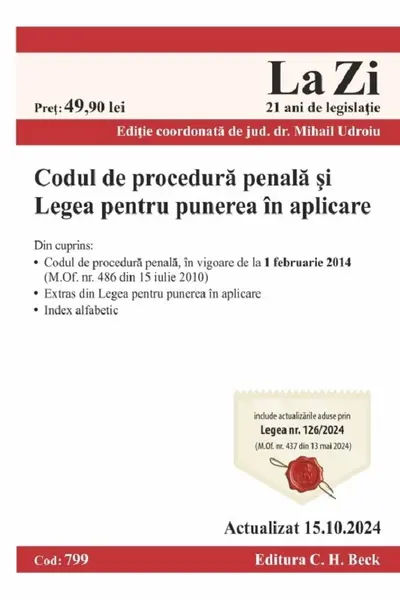 Codul de procedura penala si Legea pentru punerea in aplicare Act. 15 octombrie 2024 Ed.Spiralata