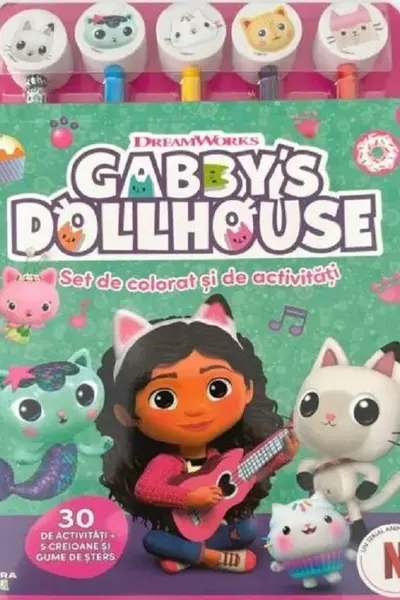 GABBYS DOLLHOUSE. SET DE PICTAT SI DE ACTIVITATI. 30 de activitati + 5 creioane si gume de sters