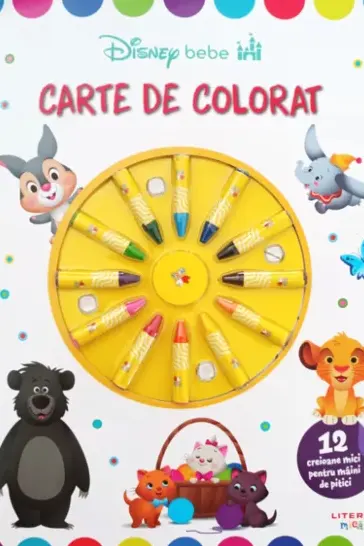 Disney Bebe. Carte de colorat. 12 creioane mici pentru maini de pitici