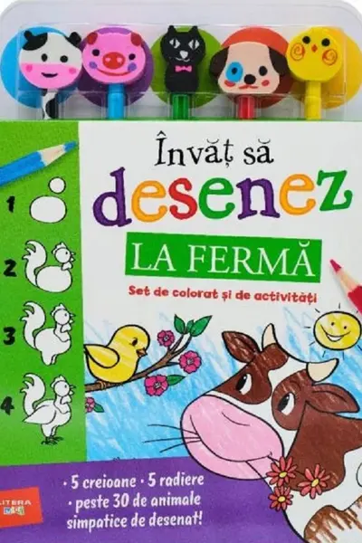 INVAT SA DESENEZ. LA FERMA. Set de desenat si de activitati (5 creioane si 5 radiere)