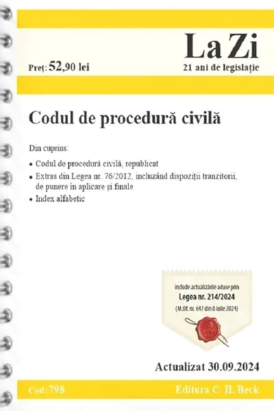 Codul de procedura civila Act. 30 Septembrie 2024 Ed. Spiralata