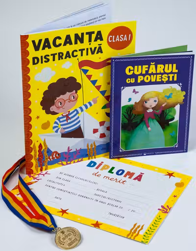 Pachet - Caiet de vacanta + Cufarul cu povesti- Clasa I + Diploma de merit + Medalie CADOU