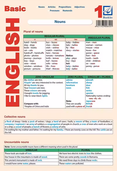 Planșa Basic English 1: Nouns, articles, prepositions, adjectives, pronouns, numerals