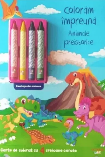 DESENAM IMPREUNA. Animale preistorice. Carte de desenat cu 4 creioane cerate