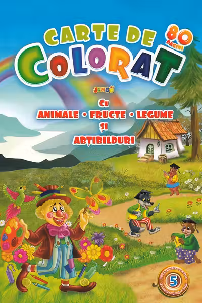 Carte de colorat jumbo 5 cu animale, fructe, legume și abțibilduri
