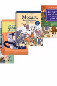 Pachet 4 carti distractive din care afli multe: 1. 15 expresii romanesti cu tot atatea povesti; 2. Mozart, dirijorul orchestrei Miau-Miau; 3. Un autobuz condus de Urmuz; 4. Aloo! Unde-i nasul meu, Picasso?