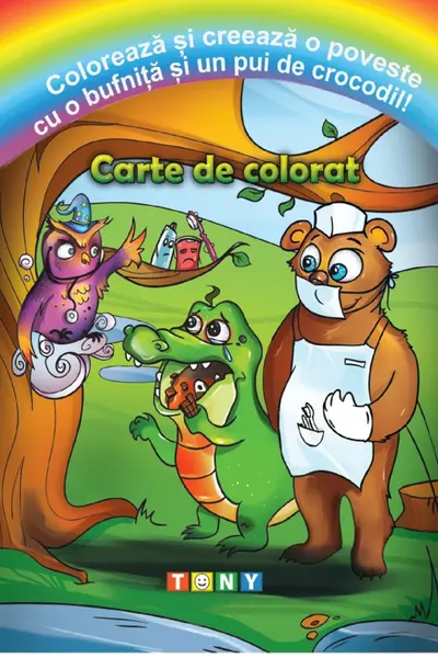 Colorează și creează o poveste cu o bufniță și un pui de crocodil! Carte de colorat
