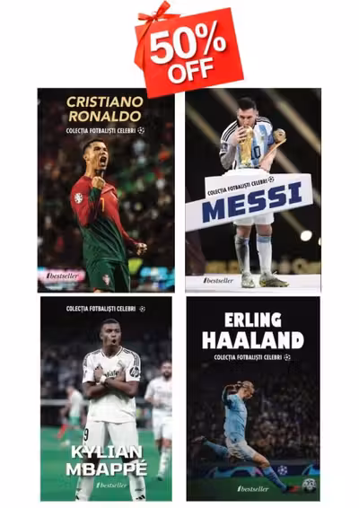 Set Top 4 Cărți Colecția Fotbaliști Celebri: Cristiano Ronaldo, Lionel Messi, Kylian Mbappe și Erling Haaland