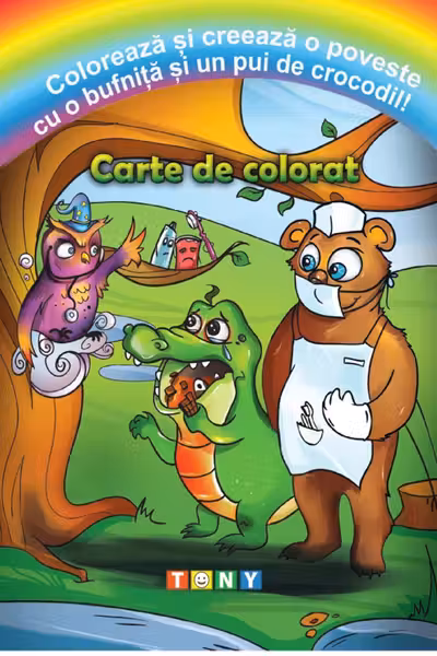 Colorează și creează o poveste cu o bufniță și un pui de crocodil! Carte de colorat