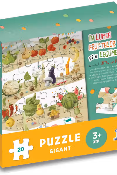 În lumea fructelor și a animalelor cu micul cățel de usturoi. Puzzle gigant