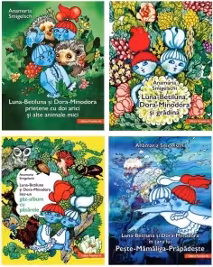 Pachet Anamaria Smigelschi: 1. Luna-Betiluna si Dora-Minodora, prietene cu doi arici; 2. Luna-Betiluna, Dora-Minodora si gradina; 3. Luna-Betiluna si Dora-Minodora intr-un gaz-album cu pasarele; 4. Luna-Betiluna si Dora-Minodora in tara lui Peste