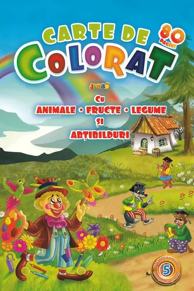 Carte de colorat jumbo 5 cu animale, fructe, legume și abțibilduri