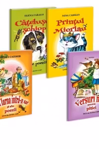Pachet Poezii pentru copii ilustrate: 1. Catelusul schiop; 2. Printul miorlau; 3. Baba iarna intra-n sat; 4. Versuri mici pentru pitici
