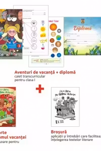 Pachet de vacanta pentru clasa I: 1. Aventuri de vacanta, 2. Cu o carte pe taramul vacantei, 3. Brosura, 4. Diploma