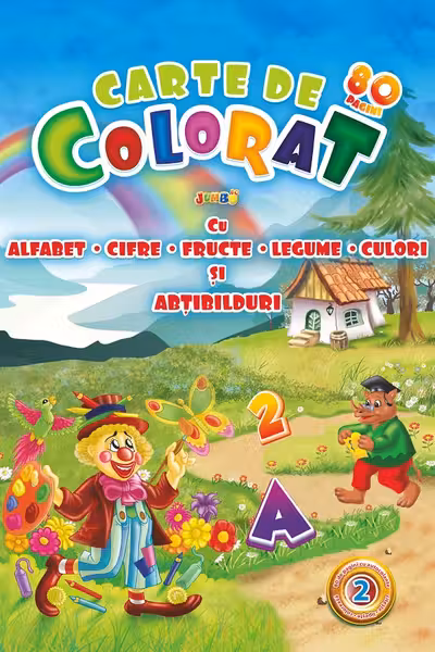 Carte de colorat Jumbo cu alfabet, cifre, fructe, legume, culori și abțibilduri
