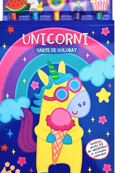 Unicorni - carte de colorat cu 5 creioane cu radiere