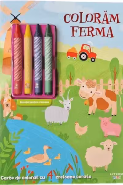 Coloram ferma. Carte de colorat cu 4 creioane cerate