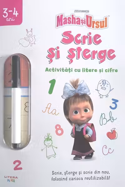 Masha si Ursul - Activitati cu litere si cifre. Scrie si sterge