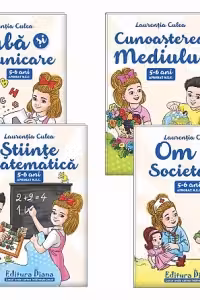 Set patru carti, A4, grupa mare 5-6 ani: 1. Domeniul Om si Societate; Domeniul Stiinte, Cunoasterea mediului; 2. Domeniul Stiinte, Matematica; Domeniul Limba si Comunicare