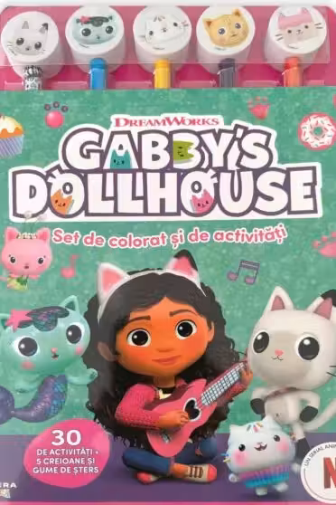 GABBYS DOLLHOUSE. SET DE PICTAT SI DE ACTIVITATI. 30 de activitati + 5 creioane si gume de sters