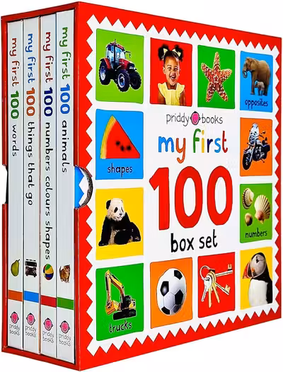 My First 100 Board Book Box Set (4 Books): First 100 Words / Numbers Colors Shapes / First 100 Animals / First 100 things that Go