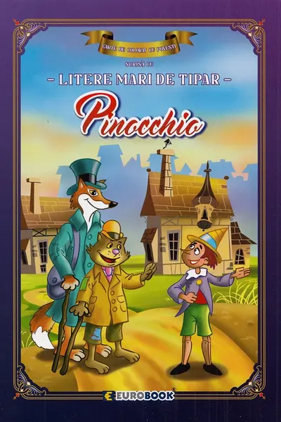 Pinocchio. Carte de colorat cu povești scrisă cu litere mari de tipar