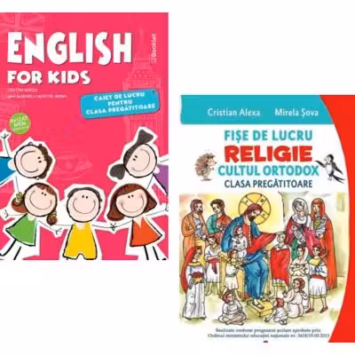 Pachet 2 caiete pentru clasa pregatitoare: English for Kids. Caiet de lucru si Fise de lucru. Religie. Cultul ortodox - Cristina Mircea, Cristian Alexa