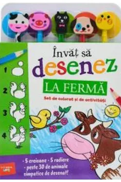 INVAT SA DESENEZ. LA FERMA. Set de desenat si de activitati (5 creioane si 5 radiere)