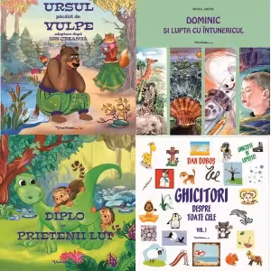 Pachet Carti pentru copii 3 (4 carti): 1. Ursul pacalit de vulpe; 2. Dominic si lupta cu intunericul; 3. Diplo si prietenii lui; 4. Ghicitori despre toate cele, volumul 1